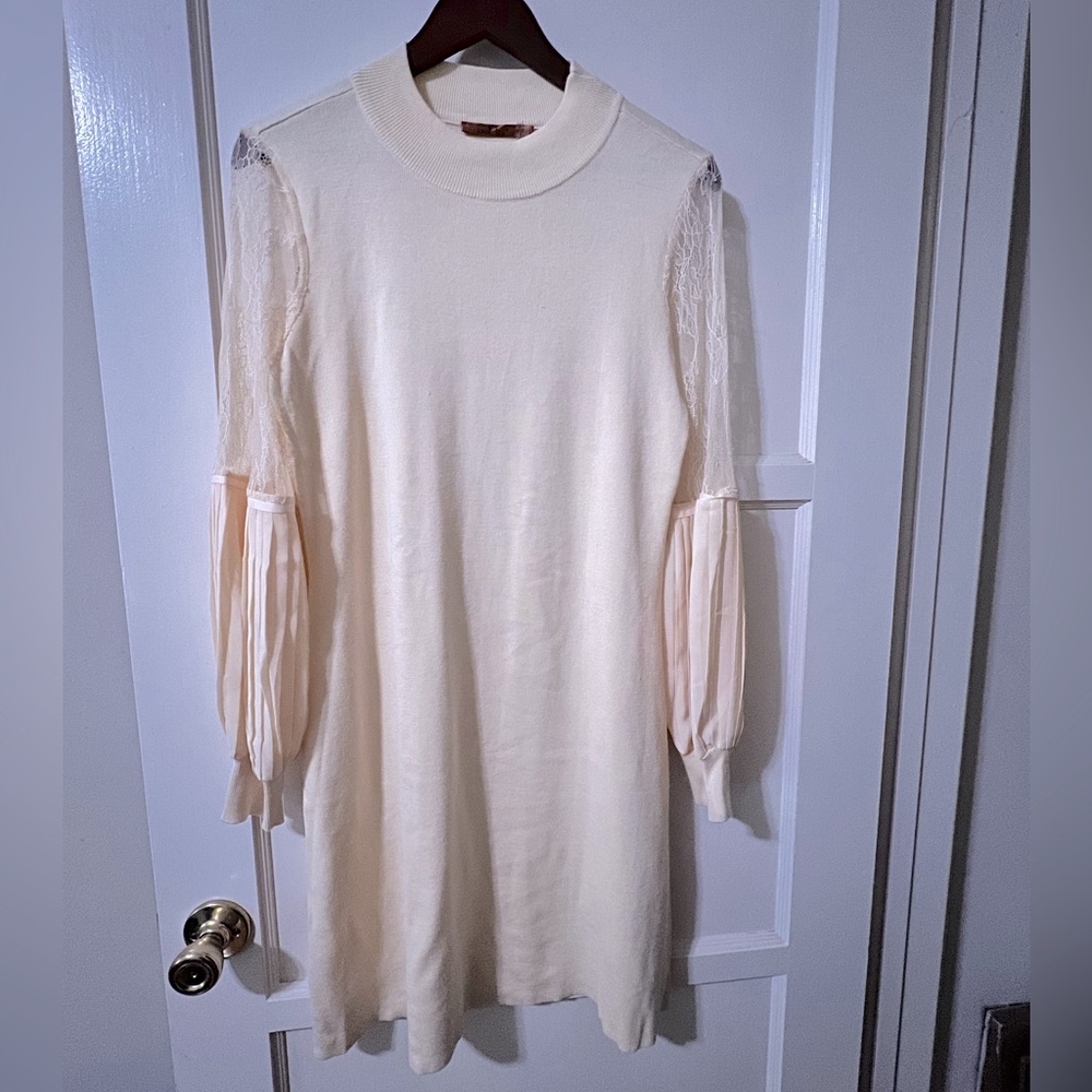 Belldini Sweater Dress, Mock Turtleneck with lace long sleeves - Large